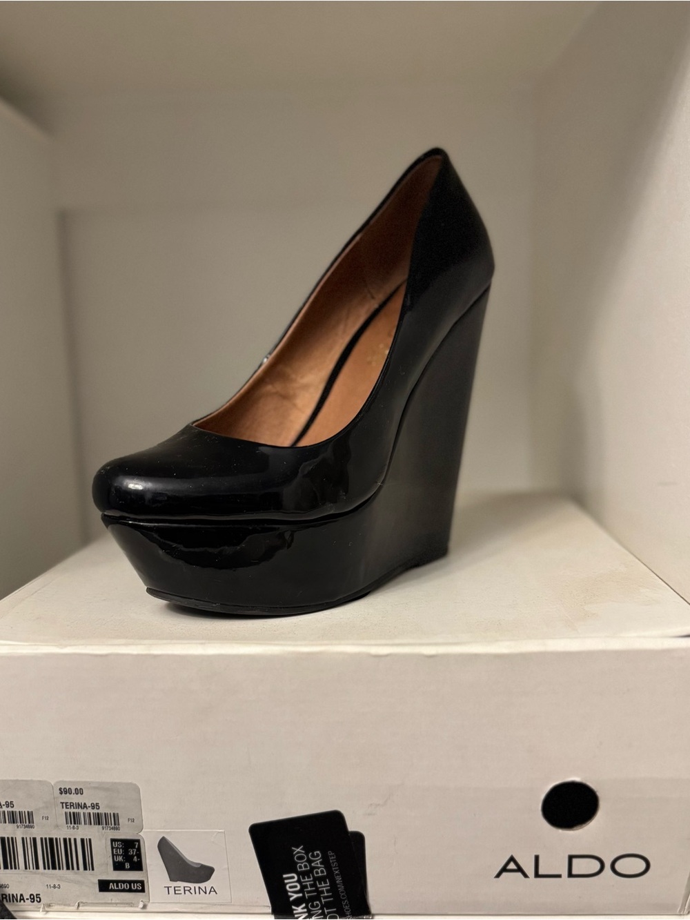 Aldo Black Patent Platform Wedge Pumps